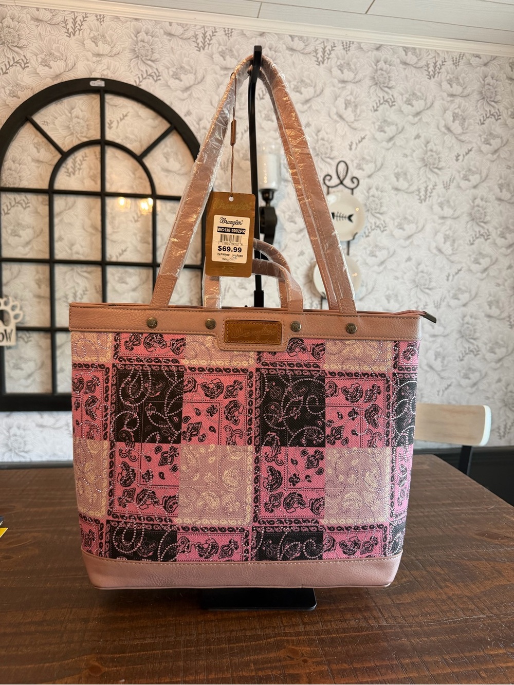Wrangler Pink Patchwork Tote Bag with Faux Leather Trim and Bling